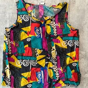Vintage Women's Bright 100% Silk Tank Top 80s Abstract Print Size M